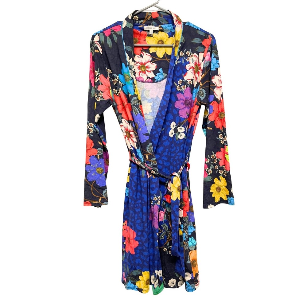 Johnny Was Floral Leopard Wrap Cardigan Tie Robe Womens XS Pima Cotton Modal